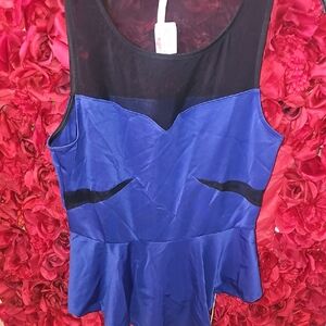 Reckless Hearts Women's Royal Blue and Black Netted Peplum Top Size Large